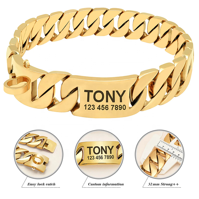 Custom Logo  32mm Gold Dog Chain Collar for Large Dogs  Pit Bull