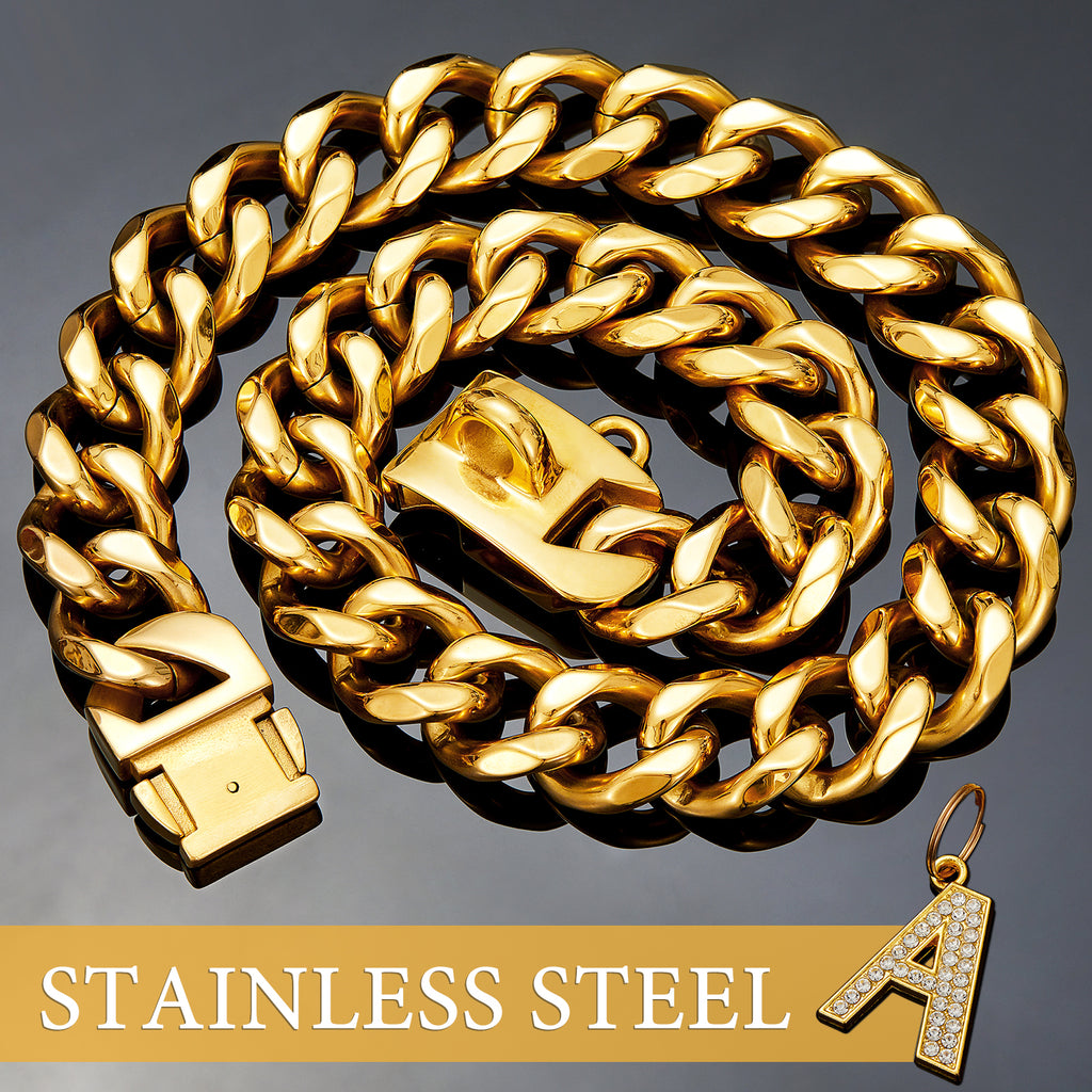 23mm Wide Gold Dog Chain Cubn Link Dog Collar